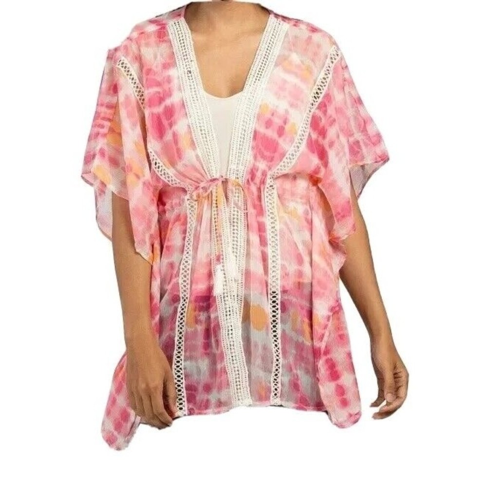 Steve Madden Tie Dye Kimono Pink Cover Up White Embroidered Lace One Size NEW
